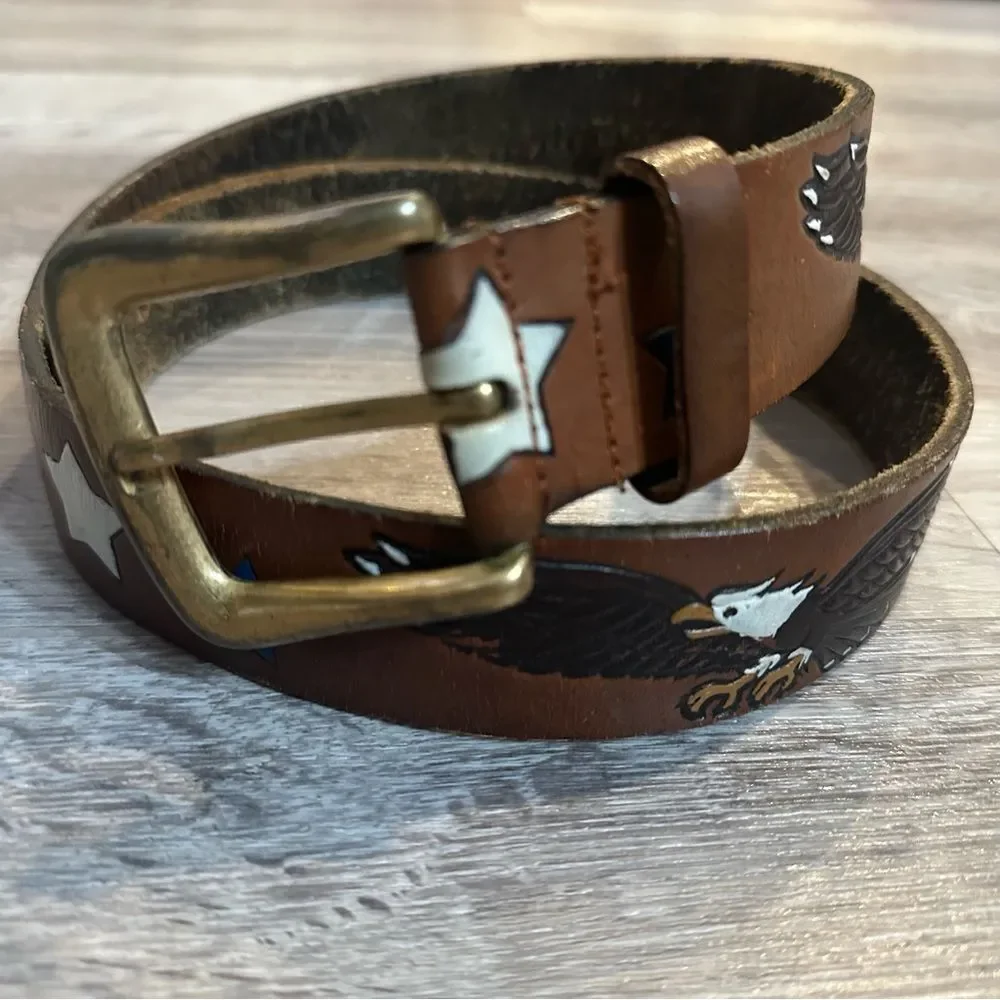 Genuine Full Grain Leather Belt Size 36 Hand Painted Eagle Patriotic Stars Brown
